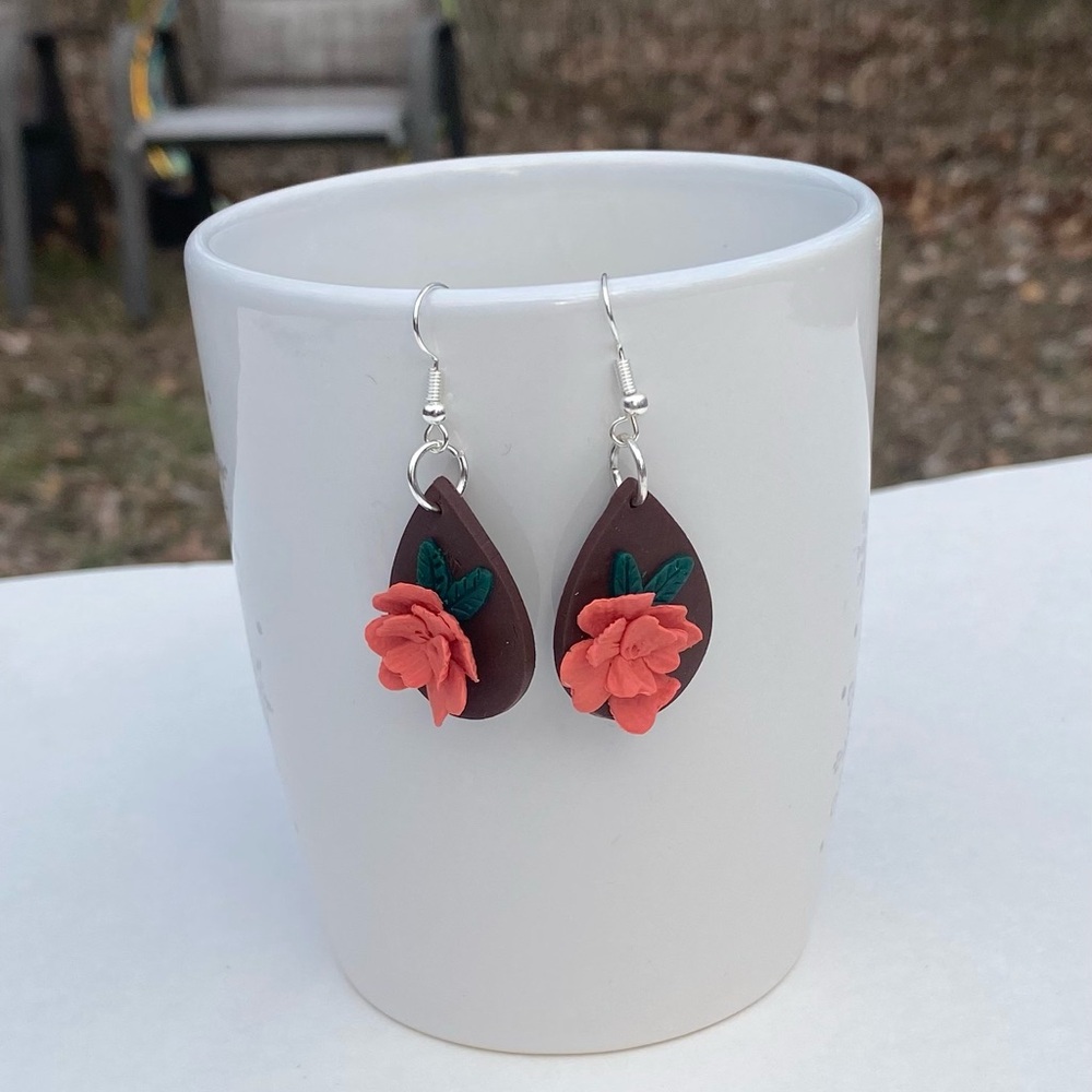 Terracotta Floral Polymer Clay Rustic Tear Drop Earrings